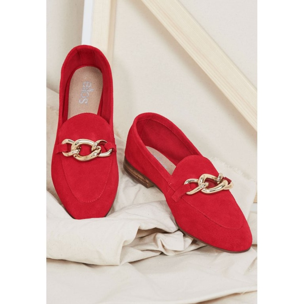 Ellos Poppy Red Gold Chainlink Slip On Suede Flat Loafers Size 7.5M New